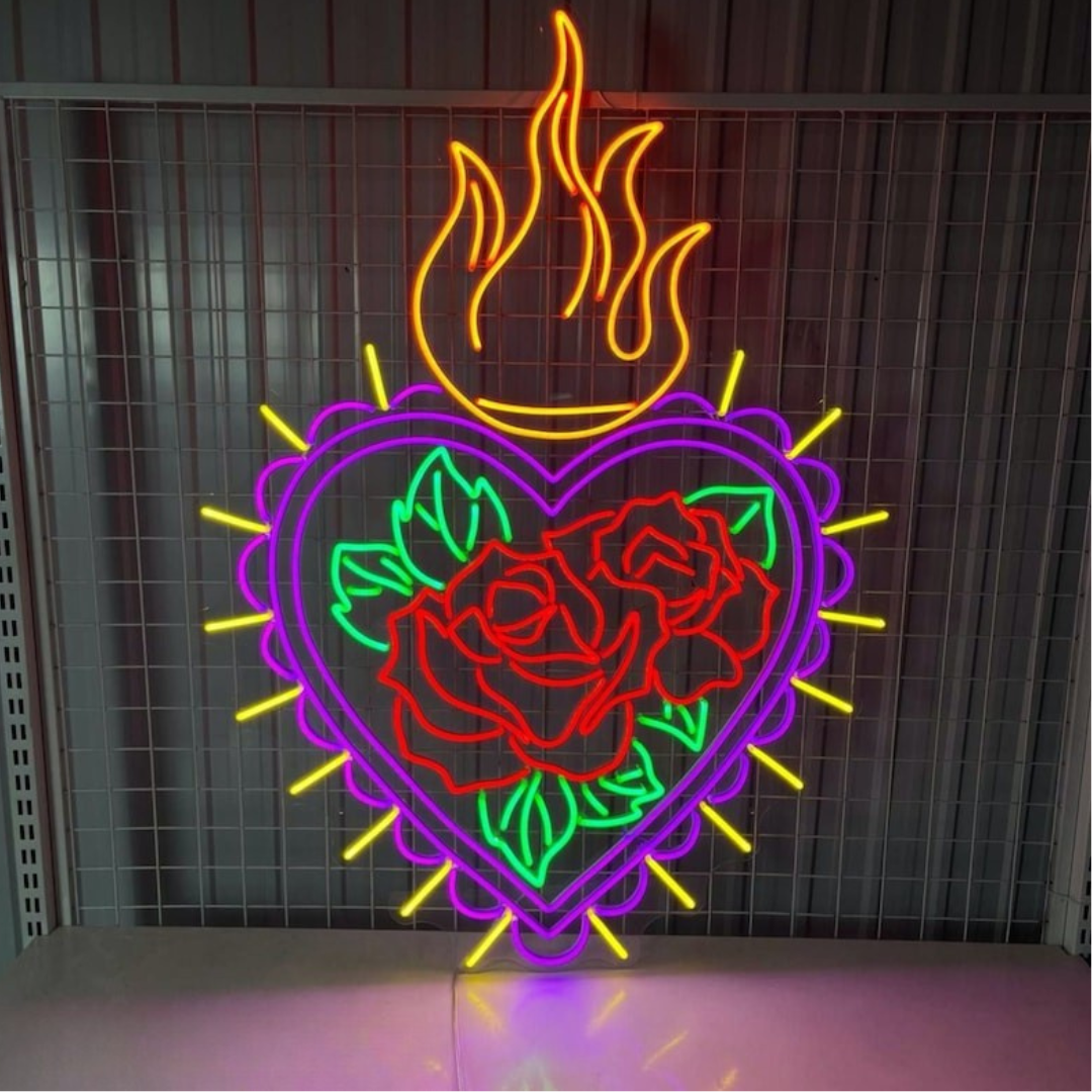 Heart Rose Fire Valentine’s Day Neon Sign glowing on wall for romantic décor by Neon.Shop