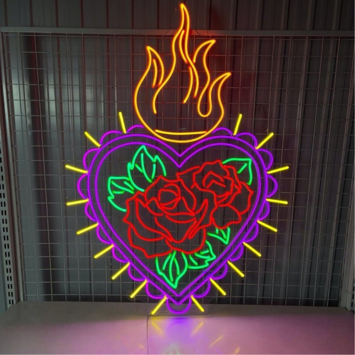 Heart Rose Fire Valentine’s Day Neon Sign glowing on wall for romantic décor by Neon.Shop
