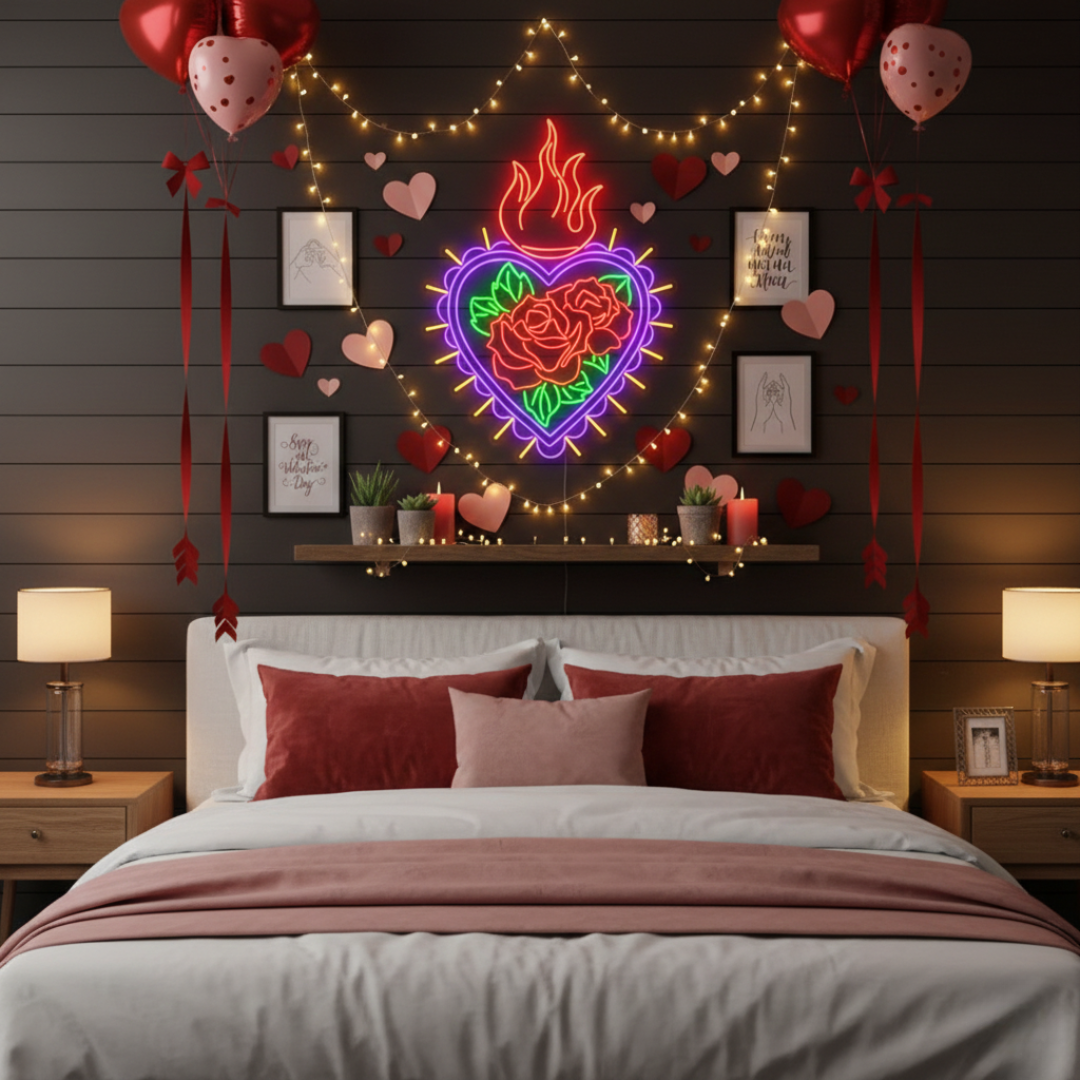 Heart Rose Fire Valentine’s Day Neon Sign glowing on wall for romantic décor by Neon.Shop