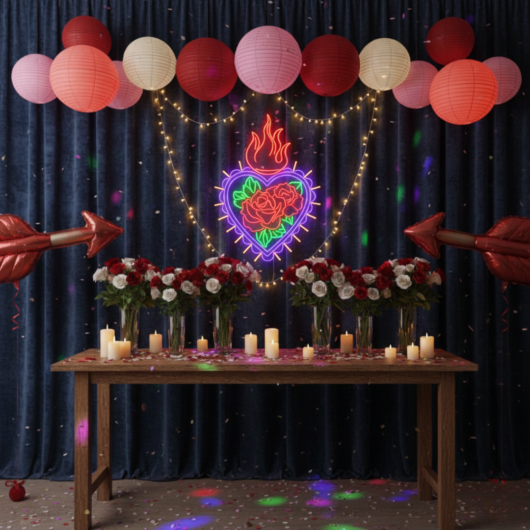 Heart Rose Fire Valentine’s Day Neon Sign glowing on wall for romantic décor by Neon.Shop
