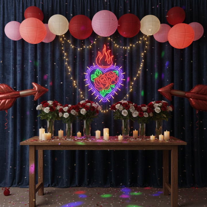 Heart Rose Fire Valentine’s Day Neon Sign glowing on wall for romantic décor by Neon.Shop