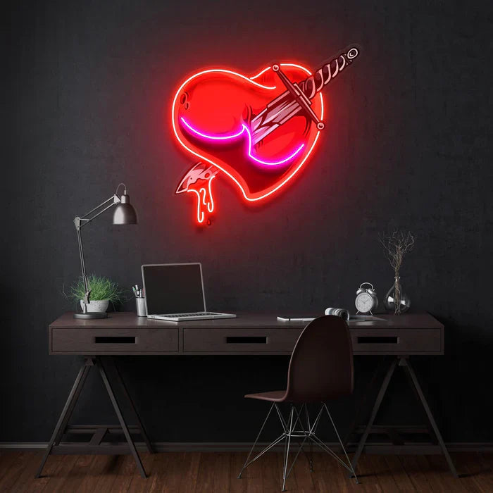 Heart Sword UV Art LED neon sign with heart pierced by sword illustration glowing in vibrant colors by Neon.Shop