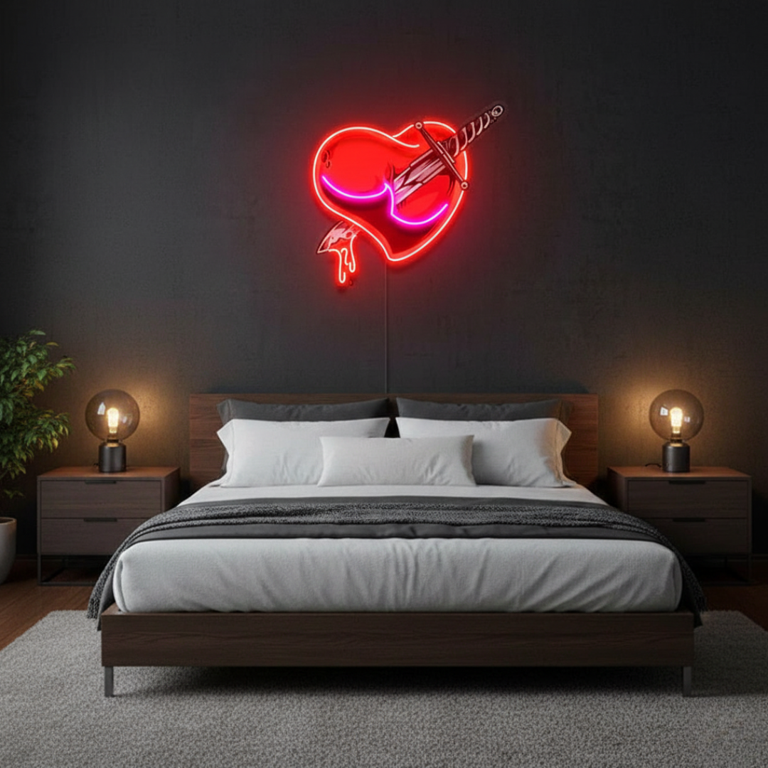 Heart Sword UV Art LED neon sign with heart pierced by sword illustration glowing in vibrant colors by Neon.Shop