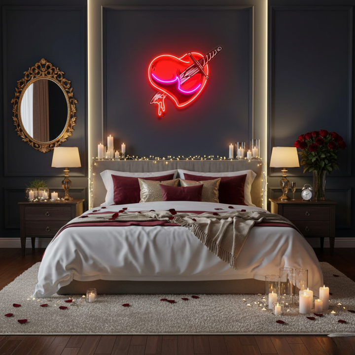 Heart Sword UV Art LED neon sign with heart pierced by sword illustration glowing in vibrant colors by Neon.Shop