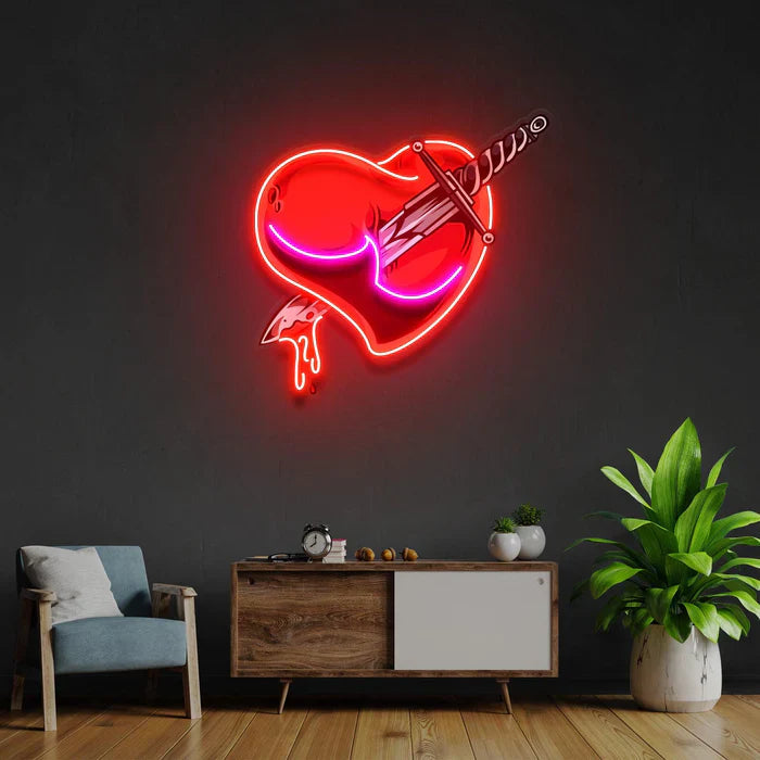Heart Sword UV Art LED neon sign with heart pierced by sword illustration glowing in vibrant colors by Neon.Shop