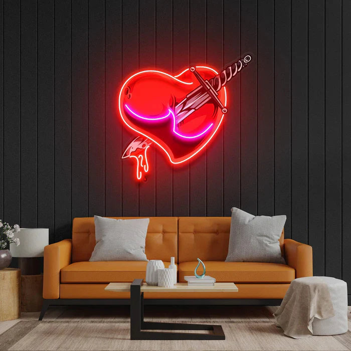 Heart Sword UV Art LED neon sign with heart pierced by sword illustration glowing in vibrant colors by Neon.Shop