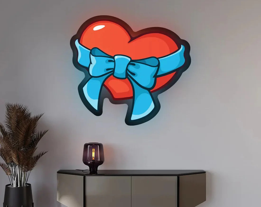 Heart With Ribbon Bow Valentine’s Day LED neon sign glowing in warm romantic tones, ideal for bedroom décor, Valentine’s gifts Neon.Shop.