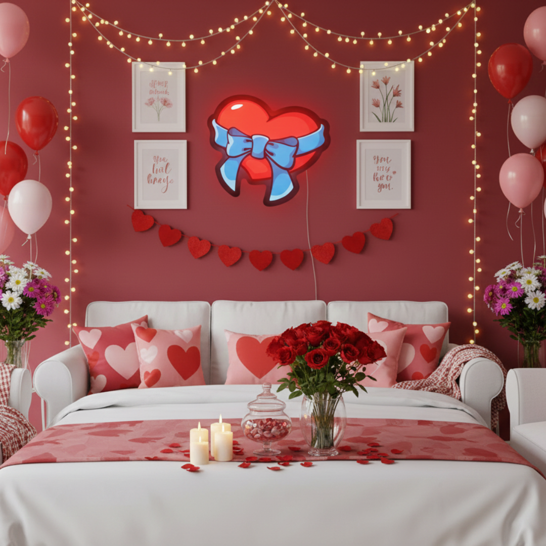 Heart With Ribbon Bow Valentine’s Day LED neon sign glowing in warm romantic tones, ideal for bedroom décor, Valentine’s gifts Neon.Shop.