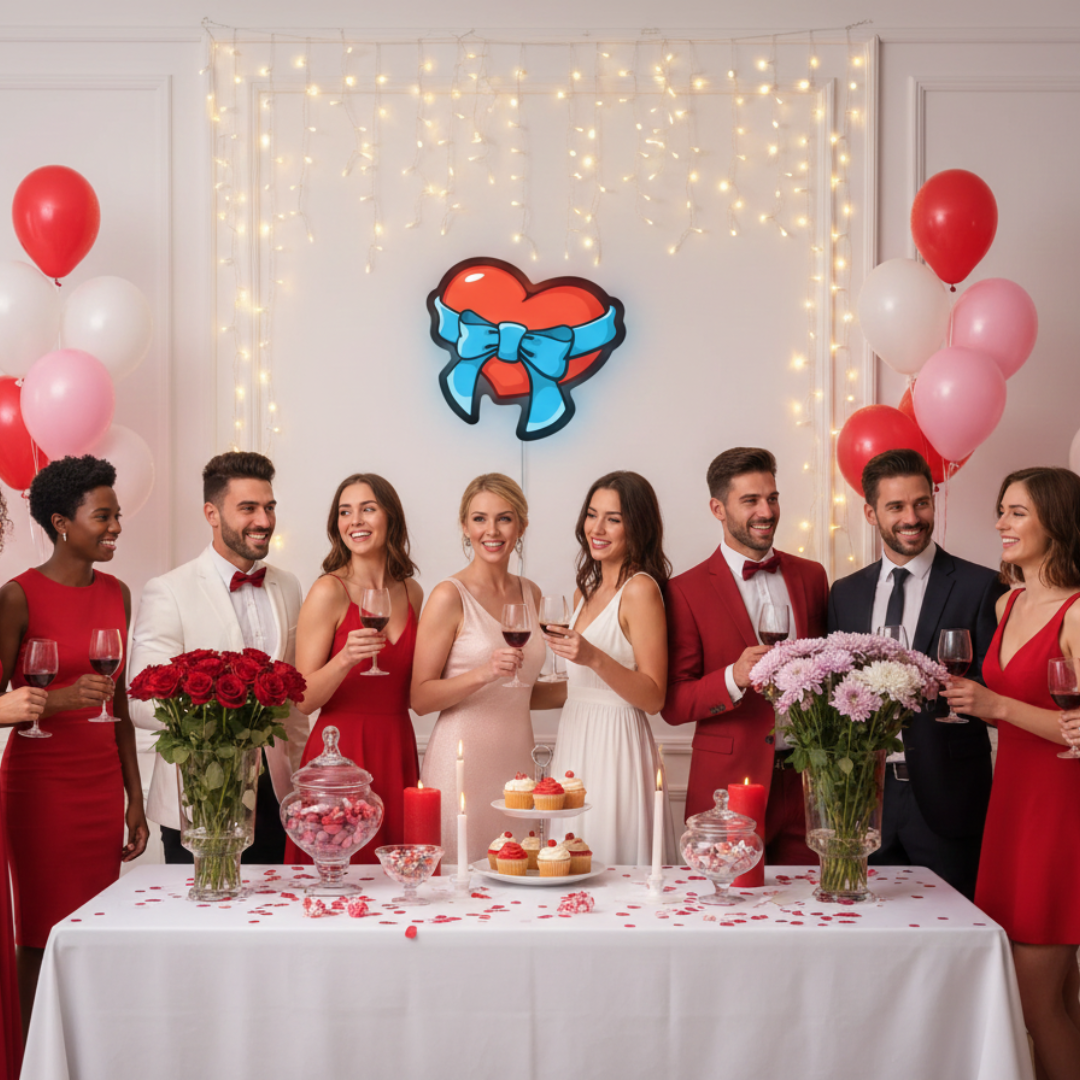 Heart With Ribbon Bow Valentine’s Day LED neon sign glowing in warm romantic tones, ideal for bedroom décor, Valentine’s gifts Neon.Shop.