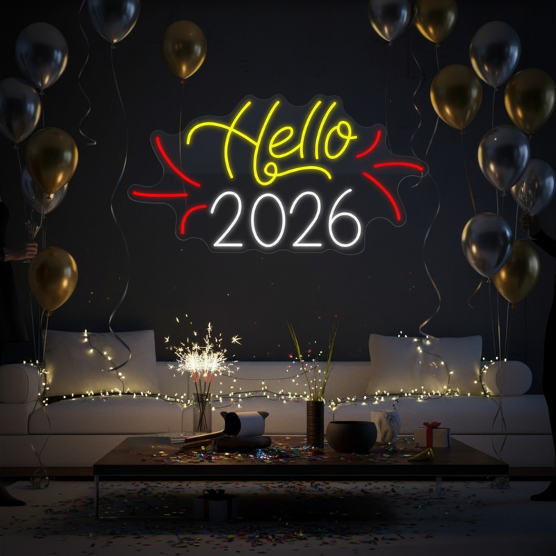 Hello 2026 LED Neon Sign by Neon.Shop glowing bright for New Year décor