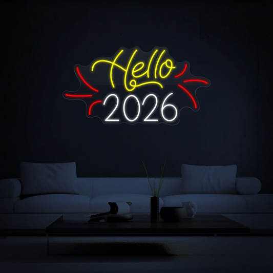 Hello 2026 LED Neon Sign by Neon.Shop glowing bright for New Year décor