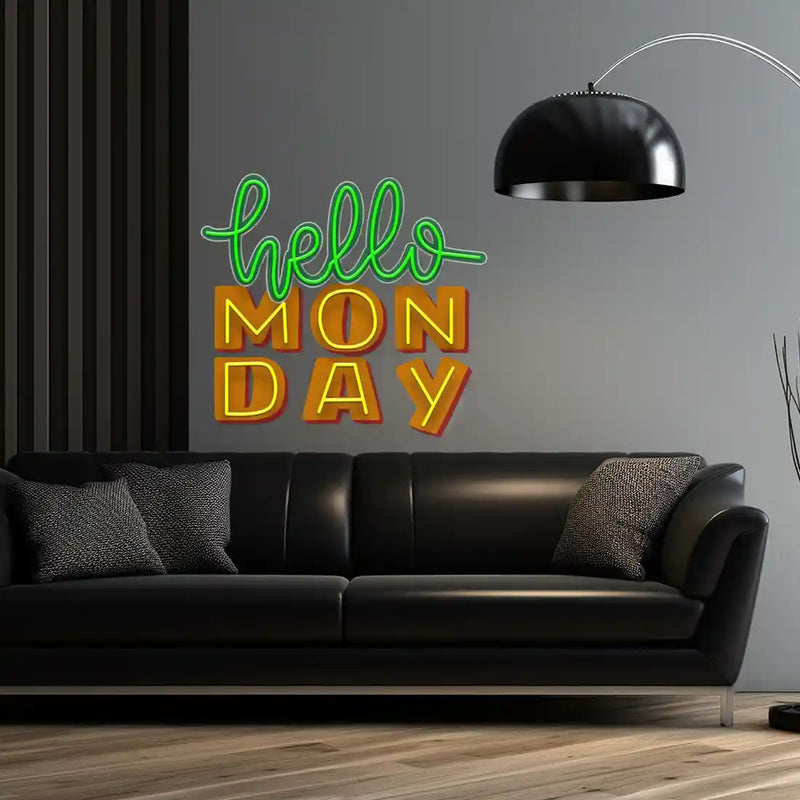 Hello Monday UV Art LED neon sign with cheerful modern design glowing in vibrant colors by Neon.Shop