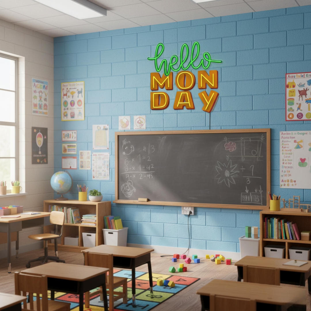 Hello Monday UV Art LED neon sign with cheerful modern design glowing in vibrant colors by Neon.Shop