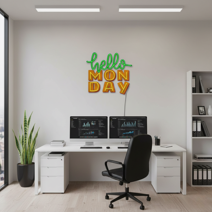 Hello Monday UV Art LED neon sign with cheerful modern design glowing in vibrant colors by Neon.Shop
