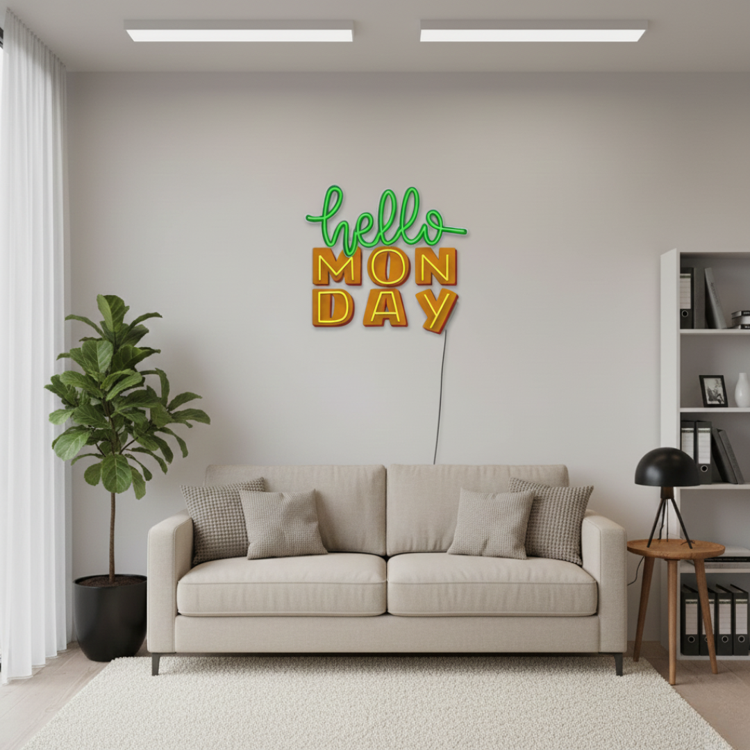 Hello Monday UV Art LED neon sign with cheerful modern design glowing in vibrant colors by Neon.Shop