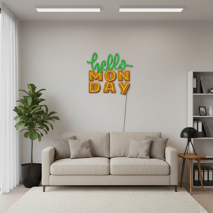 Hello Monday UV Art LED neon sign with cheerful modern design glowing in vibrant colors by Neon.Shop