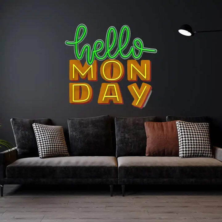 Hello Monday UV Art LED neon sign with cheerful modern design glowing in vibrant colors by Neon.Shop