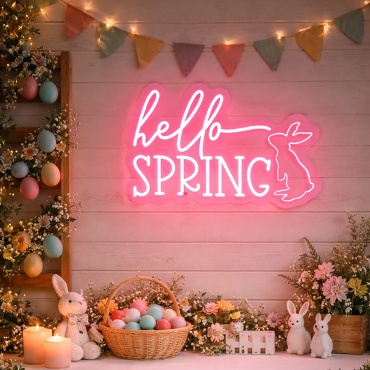 Hello Spring Easter LED neon sign glowing on wall with bright spring-themed lettering for home decor, Easter parties, and shop displays by Neon.Shop.