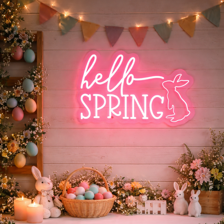 Hello Spring Easter LED neon sign glowing on wall with bright spring-themed lettering for home decor, Easter parties, and shop displays by Neon.Shop.