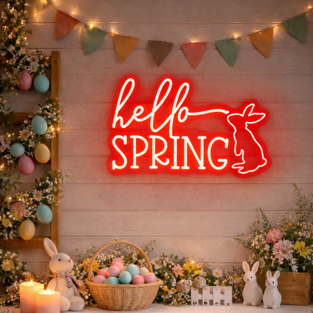 Hello Spring Easter LED neon sign glowing on wall with bright spring-themed lettering for home decor, Easter parties, and shop displays by Neon.Shop.