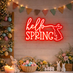 Hello Spring Easter LED neon sign glowing on wall with bright spring-themed lettering for home decor, Easter parties, and shop displays by Neon.Shop.