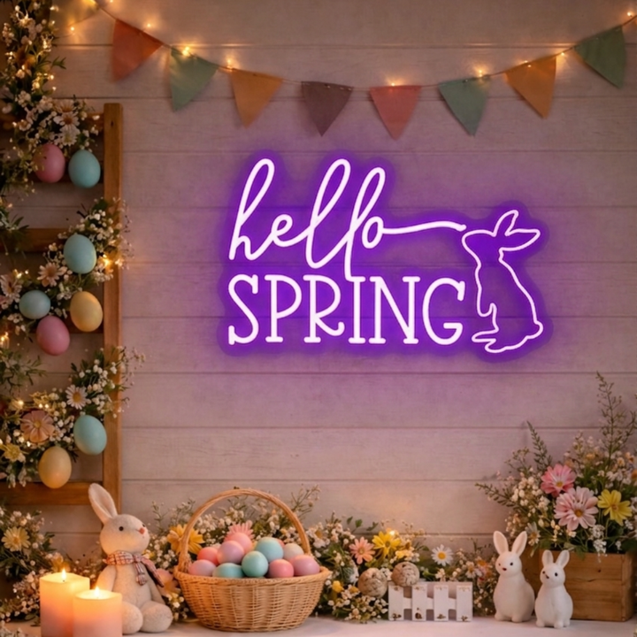 Hello Spring Easter LED neon sign glowing on wall with bright spring-themed lettering for home decor, Easter parties, and shop displays by Neon.Shop.