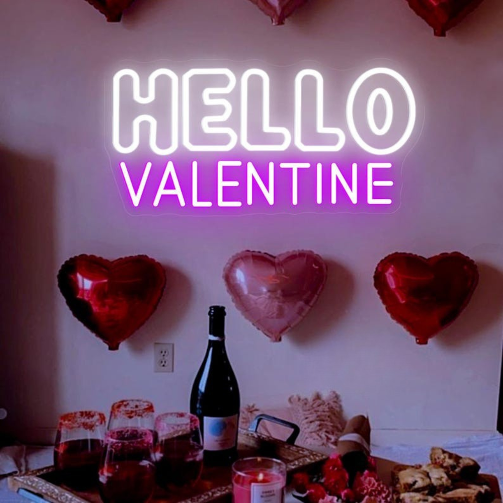 Hello Valentine LED neon sign by Neon.Shop glowing with romantic lettering, perfect for Valentine décor, bedrooms, and events