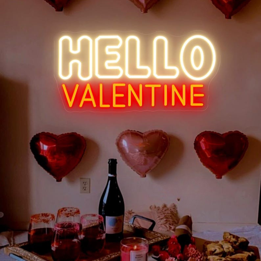 Hello Valentine LED neon sign by Neon.Shop glowing with romantic lettering, perfect for Valentine décor, bedrooms, and events