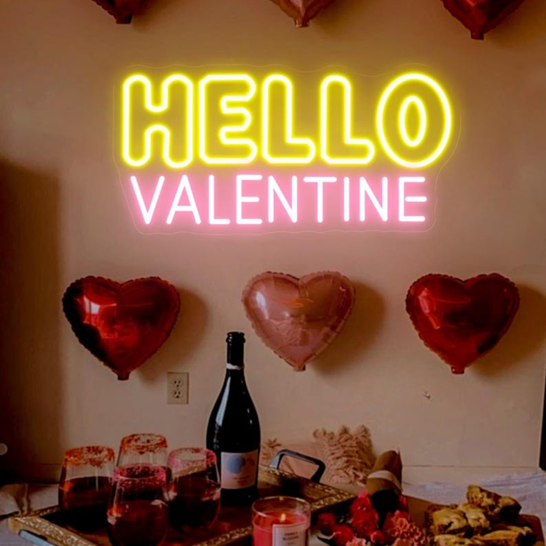 Hello Valentine LED neon sign by Neon.Shop glowing with romantic lettering, perfect for Valentine décor, bedrooms, and events