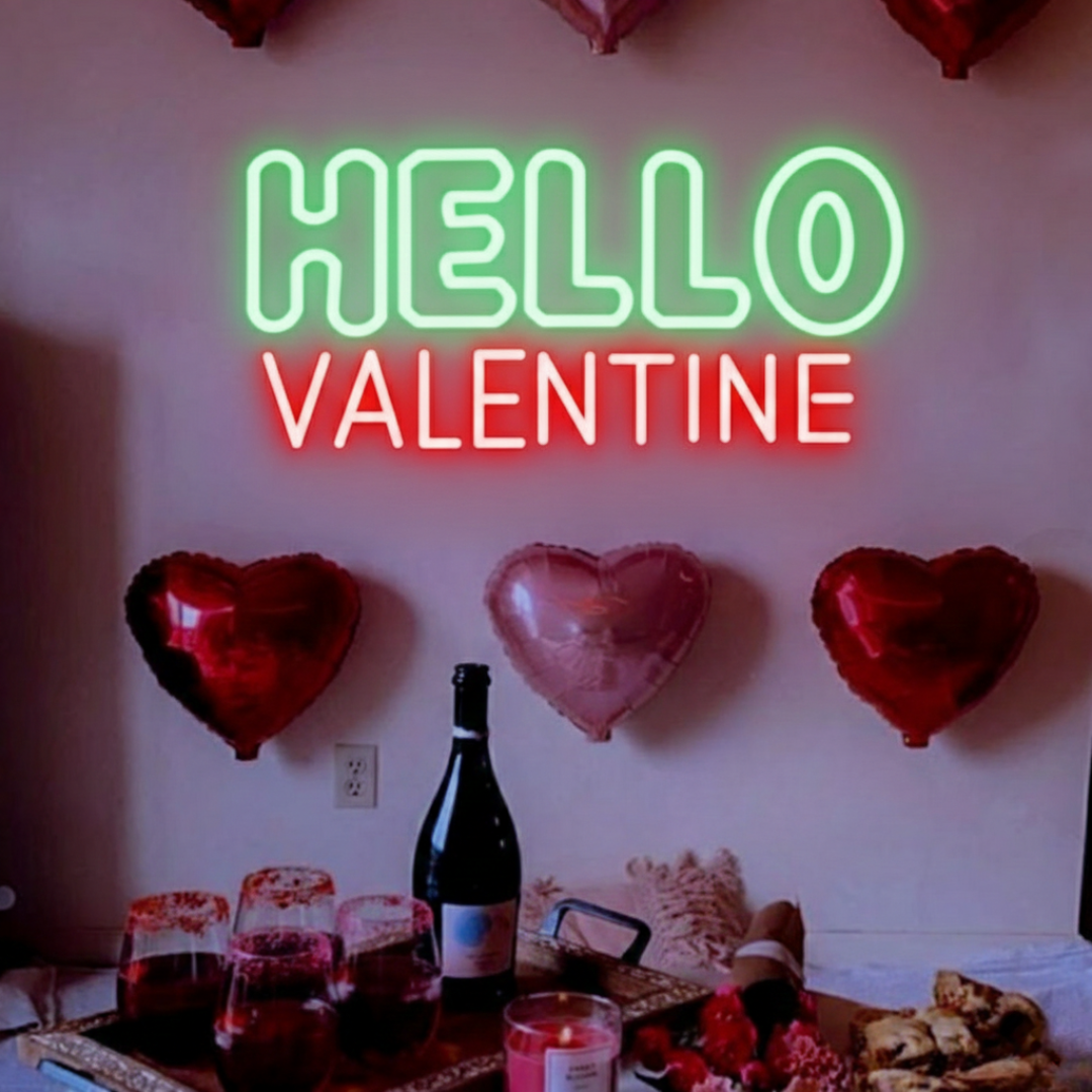 Hello Valentine LED neon sign by Neon.Shop glowing with romantic lettering, perfect for Valentine décor, bedrooms, and events