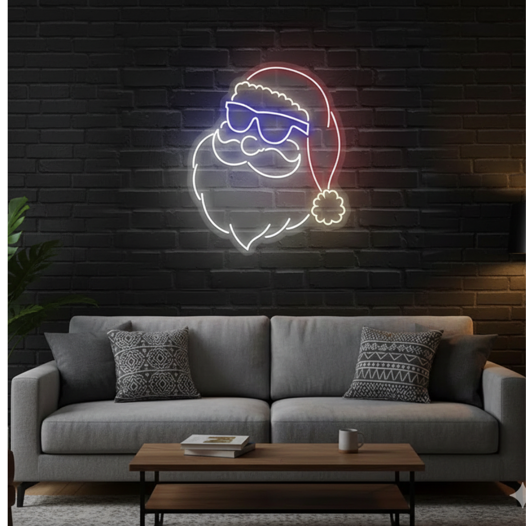Hipster Santa Merry Christmas LED neon sign glowing in festive colors by Neon.Shop.
