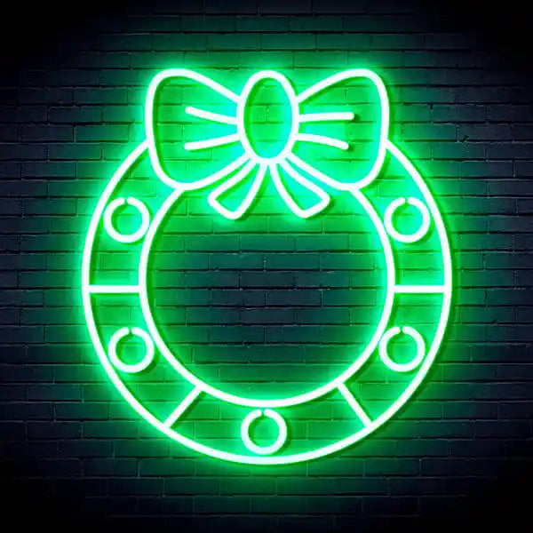 Holly Wreath with Ribbon Bow Merry Christmas Neon Sign by manhattanneons.com - Add a festive touch to your décor with this holly wreath neon sign.