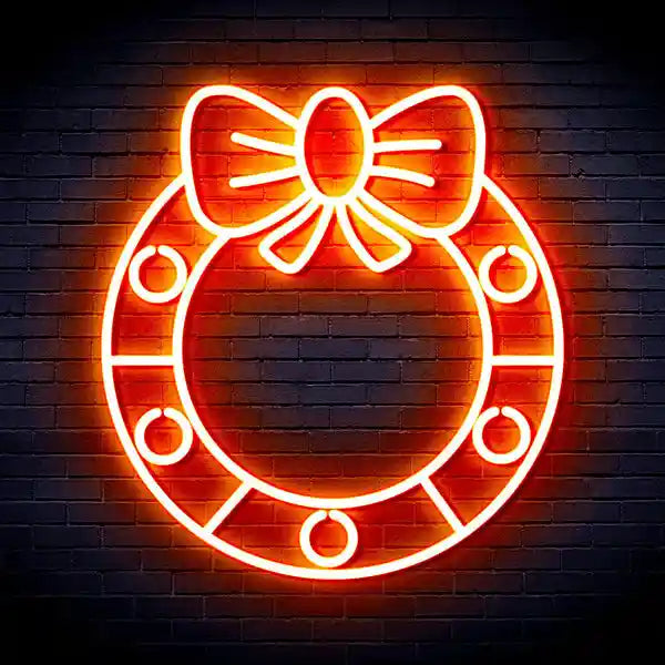 Holly Wreath with Ribbon Bow Merry Christmas Neon Sign by manhattanneons.com - Add a festive touch to your décor with this holly wreath neon sign.