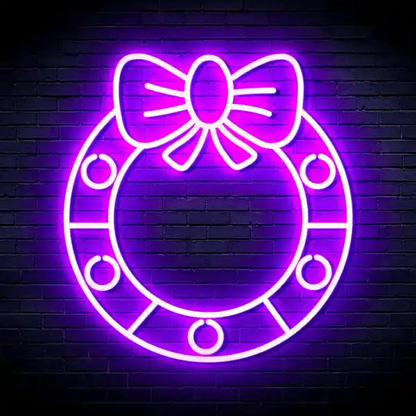 Holly Wreath with Ribbon Bow Merry Christmas Neon Sign by manhattanneons.com - Add a festive touch to your décor with this holly wreath neon sign.