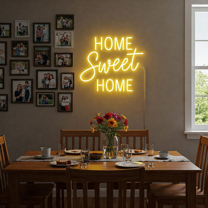 Home Sweet Home neon sign glowing on wall for cozy home décor by Neon.Shop