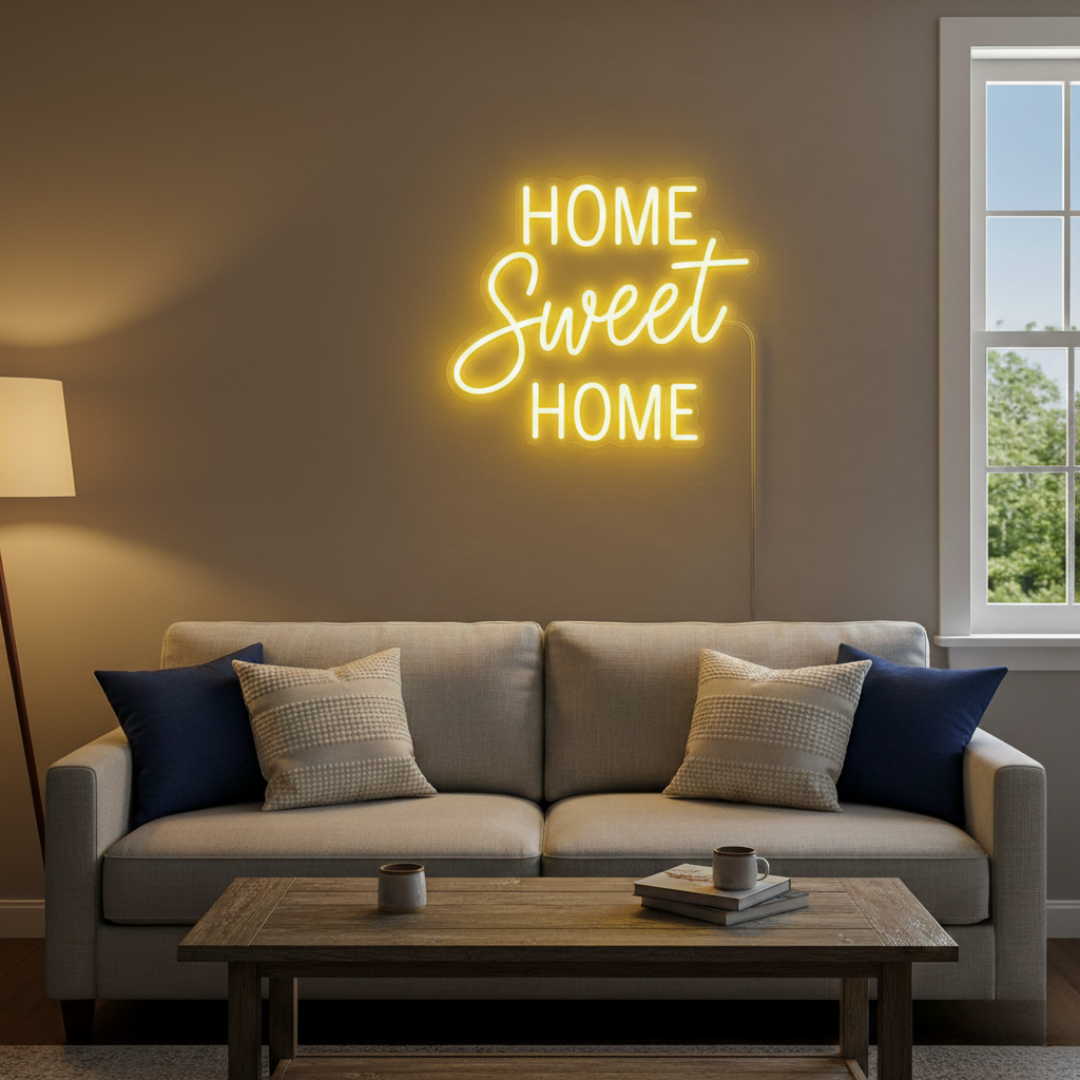 Home Sweet Home neon sign glowing on wall for cozy home décor by Neon.Shop