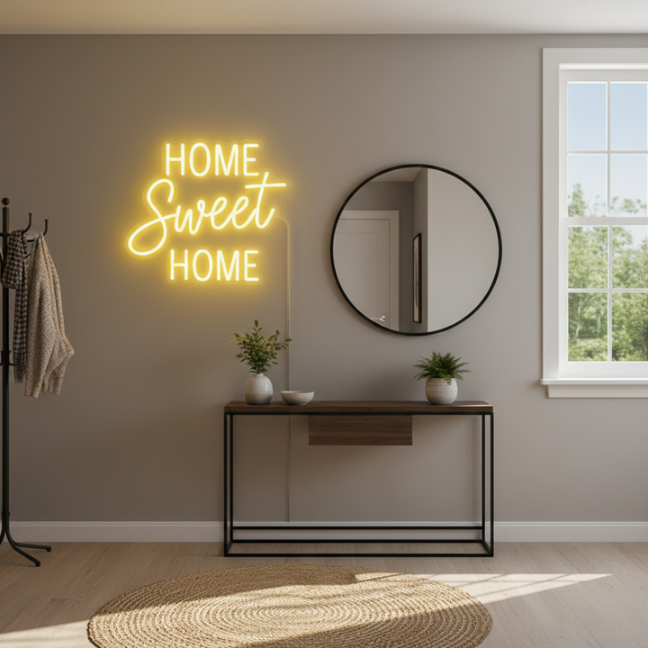Home Sweet Home neon sign glowing on wall for cozy home décor by Neon.Shop