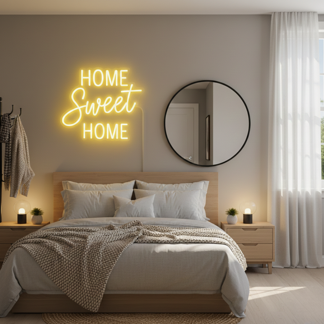 Home Sweet Home neon sign glowing on wall for cozy home décor by Neon.Shop