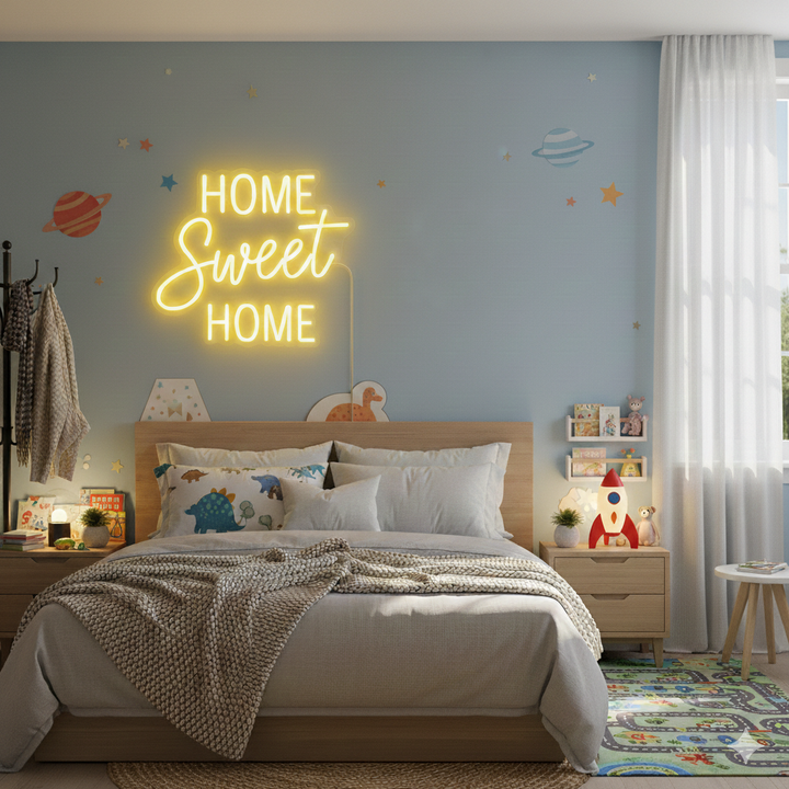 Home Sweet Home neon sign glowing on wall for cozy home décor by Neon.Shop