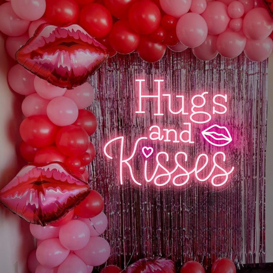 Hugs and Kisses Lips Neon Sign glowing on wall for romantic décor by Neon.Shop