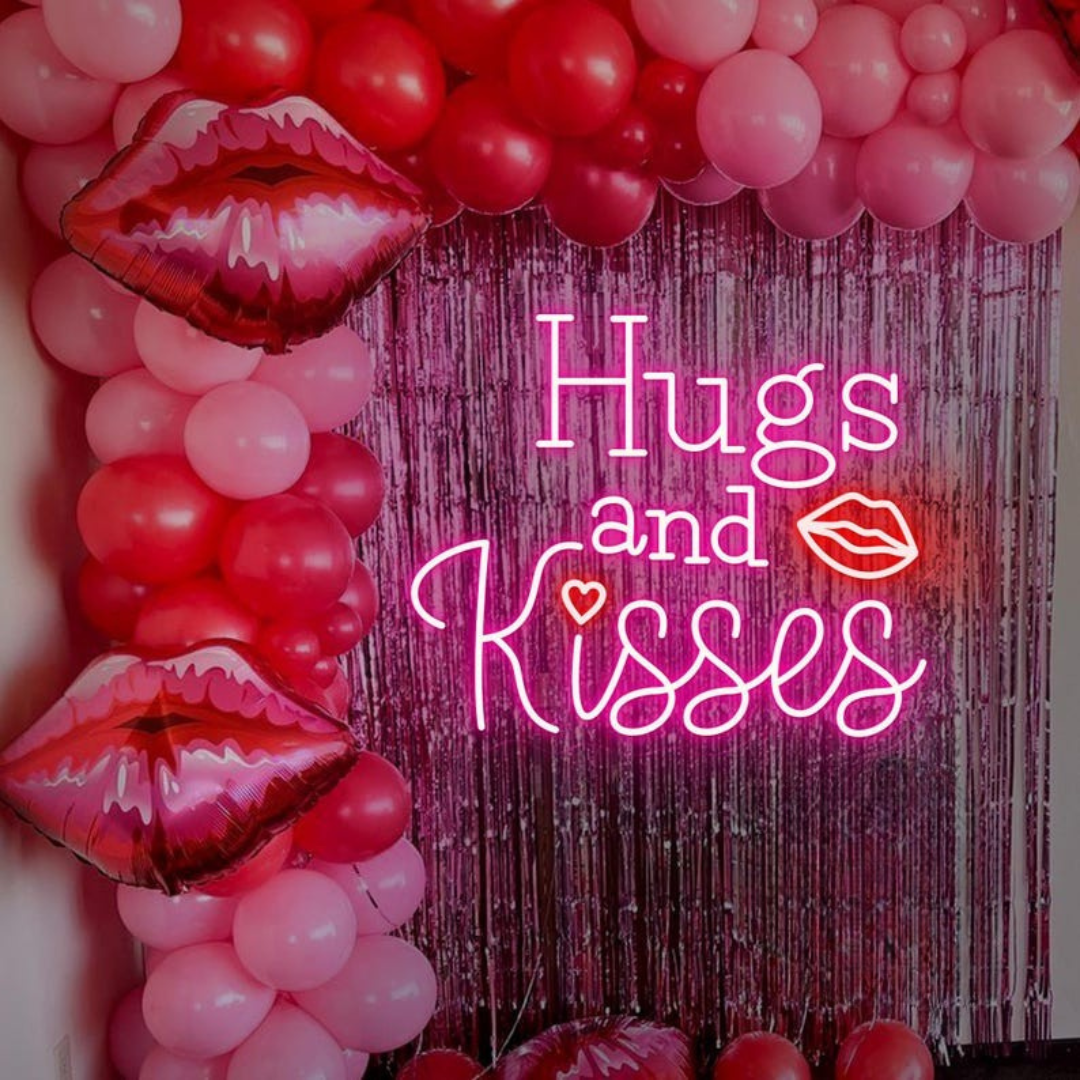 Hugs and Kisses Lips Neon Sign glowing on wall for romantic décor by Neon.Shop