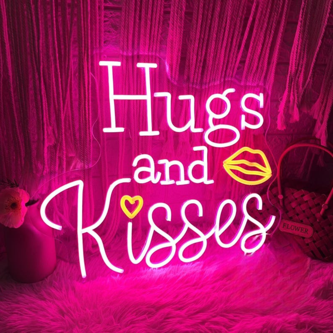 Hugs and Kisses Lips Neon Sign glowing on wall for romantic décor by Neon.Shop