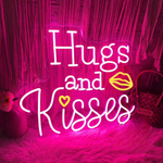 Hugs and Kisses Lips Neon Sign glowing on wall for romantic décor by Neon.Shop