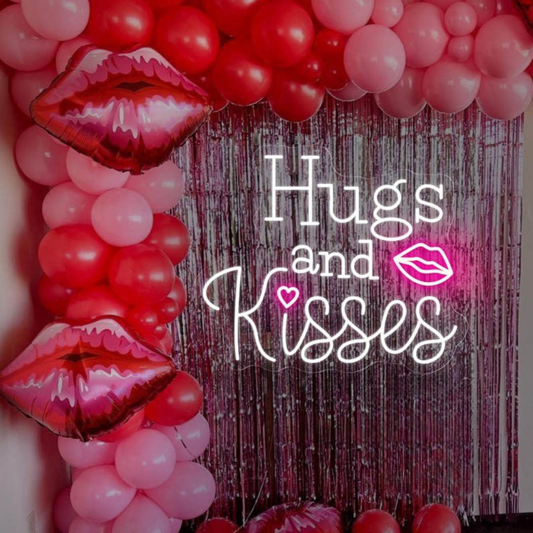 Hugs and Kisses Lips Neon Sign glowing on wall for romantic décor by Neon.Shop