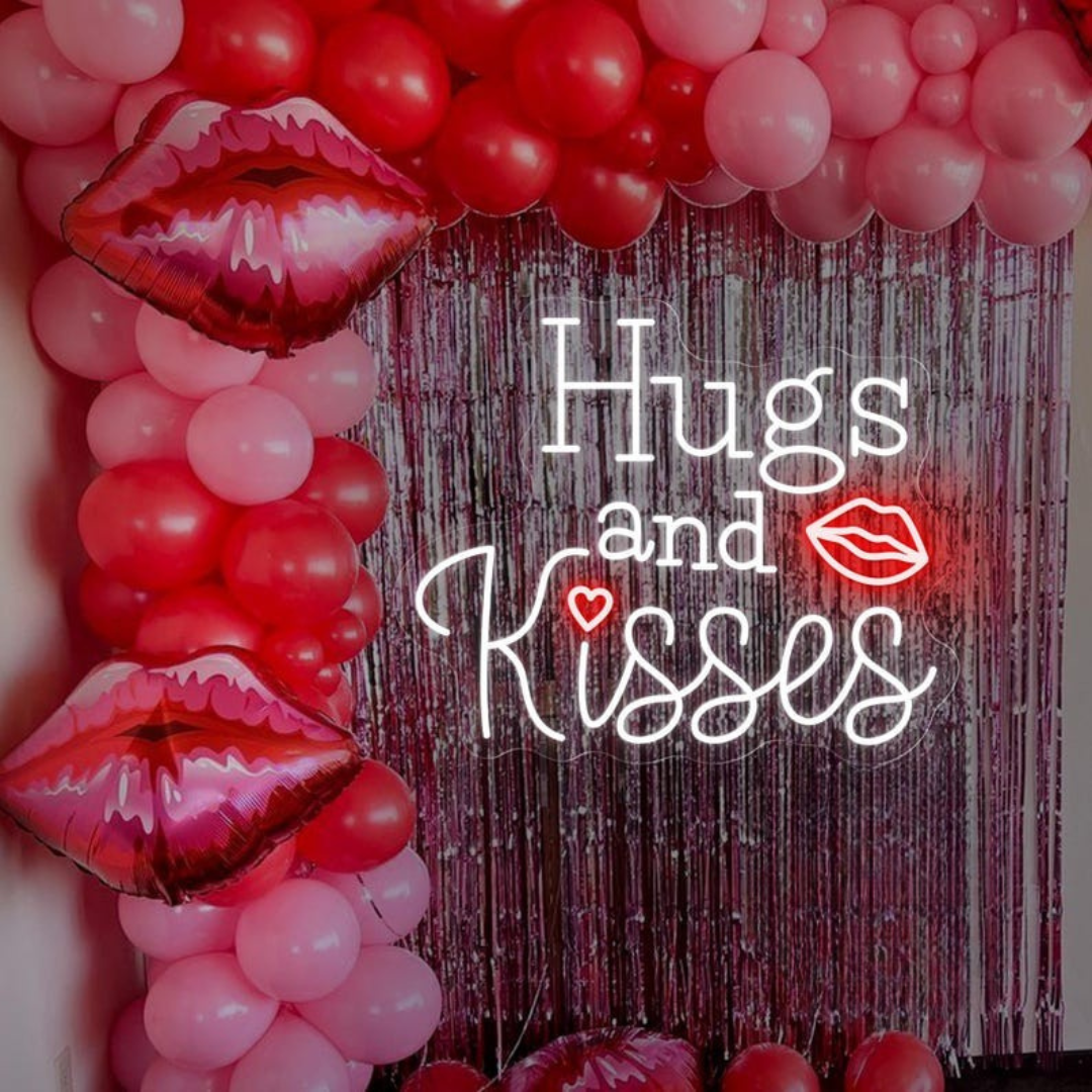 Hugs and Kisses Lips Neon Sign glowing on wall for romantic décor by Neon.Shop