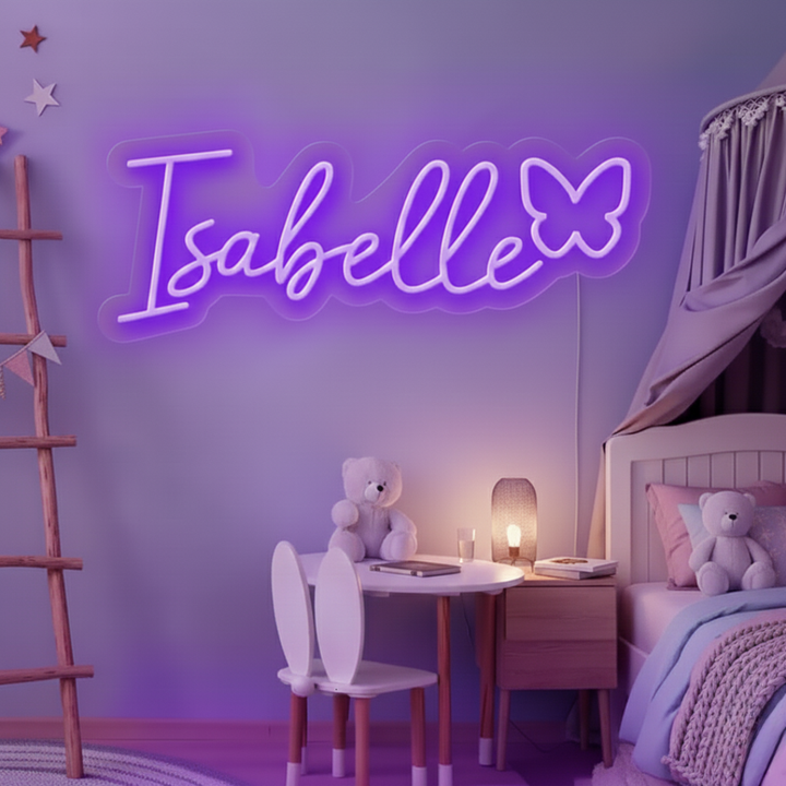ISABELLA Name LED Neon Sign by Neon.Shop glowing brightly, custom LED name light for bedroom décor, nurseries, beauty studios, parties, and modern home styling.