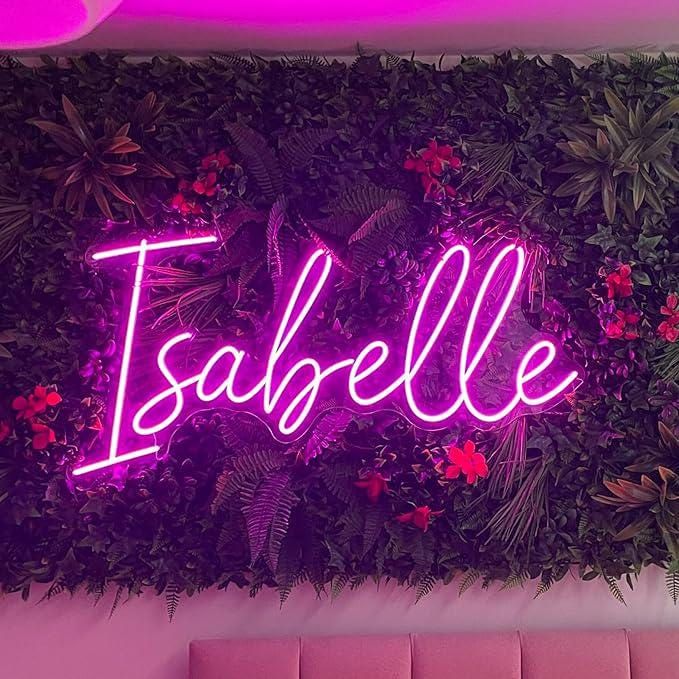 ISABELLA Name LED Neon Sign by Neon.Shop glowing brightly, custom LED name light for bedroom décor, nurseries, beauty studios, parties, and modern home styling.