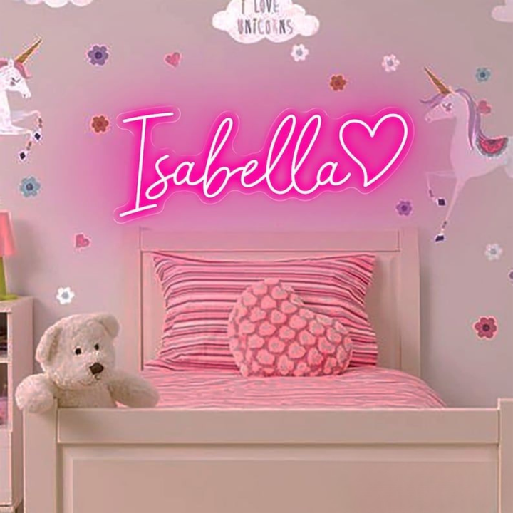 ISABELLA Name LED Neon Sign by Neon.Shop glowing brightly, custom LED name light for bedroom décor, nurseries, beauty studios, parties, and modern home styling.