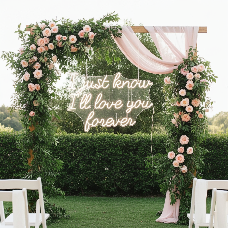 I Just Know I’ll Love You Forever wedding LED neon sign glowing on backdrop – Neon.Shop