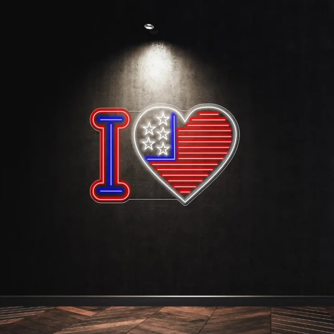 I love USA LED neon sign with a glowing heart, perfect for patriotic home décor and celebrations by Neon.Shop